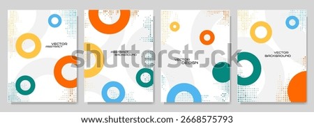 Vector illustration. Abstract vibrant color background set. Cool bright wallpapers with circle shapes and halftone dots. Design elements for book cover, brochure, magazine, flyer, booklet, poster