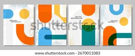 Vector illustration. Abstract vibrant color background set. Cool bright wallpapers with boho geometric shapes and halftone dots. Design elements for book cover, brochure, magazine, flyer, booklet