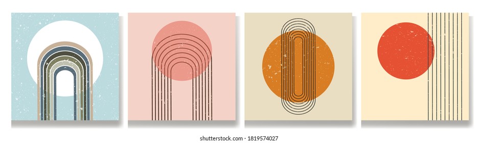 Vector illustration. Abstract vintage backdrop set. Contemporary backgrounds.  Mid century wall decor. Design elements for social media, blog post, web template. 60s, 70s graphic. Grunge texture 
