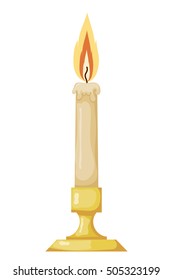 Vector illustration of abstract vintage wax candle in a candlestick on a white background. 
Retro candle with flame isolated on white background, vintage Object