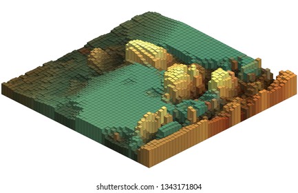 Vector illustration of an abstract voxel surface resembling a landscape in an isometric projection isolated on a white background. Pixel art concept.