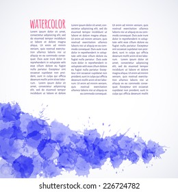 Vector illustration. Abstract watercolor background with text. Blue blots.