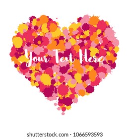 Vector illustration. Abstract watercolor splashes of grunge heart on white background. Bright template with place for your text. Colorful ink paint blots for wedding, valentine day, greetings card.