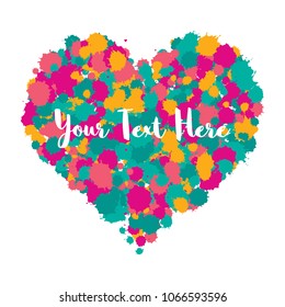 Vector illustration. Abstract watercolor splashes of grunge heart on white background. Bright template with place for your text. Colorful ink paint blots for wedding, valentine day, greetings card.
