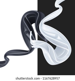 Ilustración vectorial de la onda abstracta de la tela blanca y negra del satén o de seda, materia textil brillante aislada en el fondo monocromo