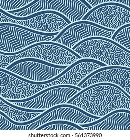 Vector illustration with abstract waves or dunes. Graphic ornament. Fish skin texture. Vector seamless pattern with abstract scale. Oriental waves.