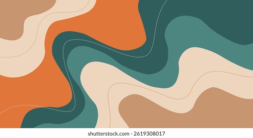 Vector illustration of an abstract wavy background with flowing lines in orange, green, beige, and brown retro colors. Minimalistic and modern design, perfect for posters, wallpapers, and branding