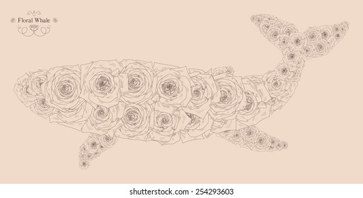 Vector illustration with abstract whale. Silhouette of whale, consisting of beautiful roses. Can be used as postcard, illustration 