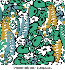 vector illustration abstract white flowers and gold leaves on green seamless background, for use in design, for fabrics, Wallpaper, textiles, paper