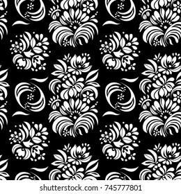 Vector illustration of abstract white flowers on black background seamless pattern. Hand drawn.