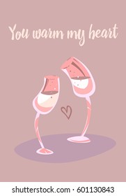 Vector illustration with abstract wineglasses and handmade custom text placed on the color background. Art with comfortable words is perfect for textile or gift wrapping, card, invitation.