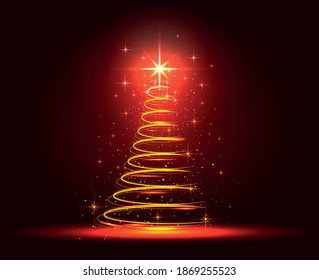 Vector illustration. Abstract winter Christmas card with a magic spruce, flashes, lights, bright highlights, glows stars on of isolated dark background