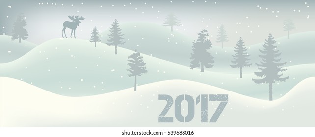Vector illustration of an abstract winter landscape with hills and trees. 