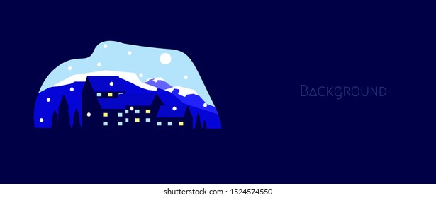 Vector illustration of abstract winter town landscape. Town night background, winter night rain snow. Town night winter.