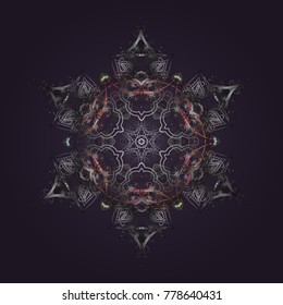 Vector illustration. Abstract winter violet, gray and brown ornament. Fine snowflake. Round vector snowflake. Isolated cute snowflakes on colorful background.