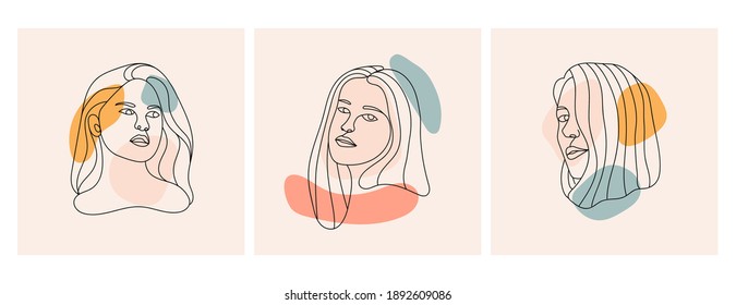Ilustración vectorial de la cara abstracta de la mujer dibujada a mano con líneas negras y formas abstractas de moda. Uso de colores pastel