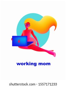 Vector illustration of abstract working mom with laptop
