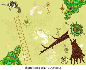 Vector illustration, abstract world, graphic style, card concept.