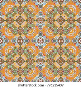Vector illustration. Abstract yellow, brown and blue image with a squares. Digital art abstract seamless pattern.