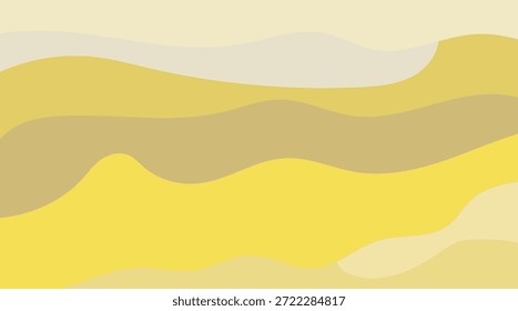 Ilustração vetorial de um fundo amarelo abstrato paisagem do deserto com dunas de areia laranja onduladas e uma silhueta de sol sob um céu de pôr do sol de verão