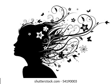 Vector Illustration Of Abstract Young Girl Face Silhouette In Profile With Long Floral Hair