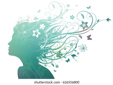 Vector Illustration Of Abstract Young Girl Face
 Silhouette In Profile With Long Floral Hair