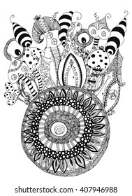 Vector illustration of abstract zentangle fantastic houses. Doodle drawing. Coloring book anti stress for adults. Black and white.