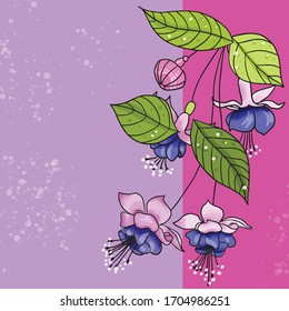 Vector illustration abstraction of blue fuchsia flowers with leaves on a lilac-pink background with brushstrokes of paint