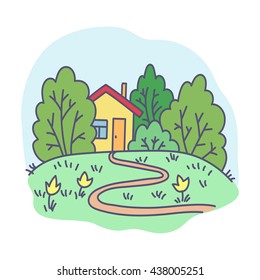 vector, illustration, abstraction, nature, house, footpath, garden, holiday, flowers, design element, summer 