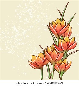 Vector illustration abstraction of orange flowers crocuses with leaves on a yellow background with brushstrokes of paint