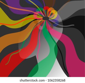 Vector illustration of an abstraction of a silhouette of a female head and colored bows and wavy transparent curls of a hairstyle on a black background isolate