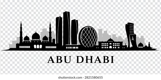 Vector illustration of the Abu Dhabi city skyline, featuring iconic landmarks and modern architecture, presented as a detailed black silhouette.