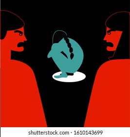 Vector illustration of abusive parents shout at crying child. Angry Mother and father yell at little upset daughter. Family emotional abuse of kid and teenagers. Social problem