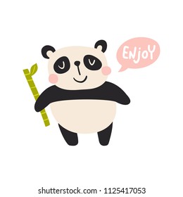 vector illustration of ac ute panda holding a bamboo stick and Enjoy text