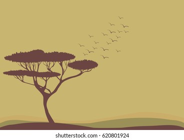 Vector illustration of acacia tree, flock of birds and safari landscape
abstract nature, flat