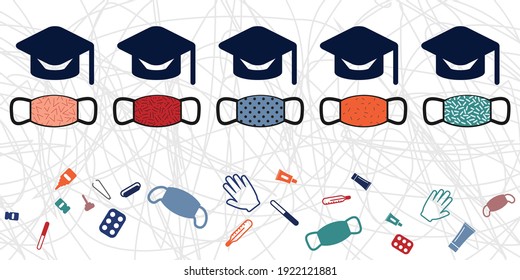 Vektorgrafik akademischer Kappen und Schutz von Masken, die die Ausbreitung des Virus während des Studiums verhindern