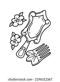 Vector illustration of accessories isolated on white. Coloring page with mirror and comb of fairy princess.