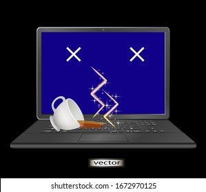 Ilustración vectorial accidente portátil destrozado en el equipo de teclado fallo pantalla azul requiere reparación