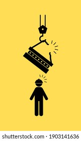 Ilustración vectorial de un accidente durante las obras de construcción en un fondo amarillo