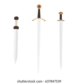 Vector illustration the accolade sword of knights Templar,  roman gladius sword and viking sword isolated on white . Medieval weapon set, collection 