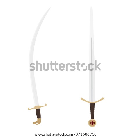 Vector illustration the accolade sword of knights templar and saracen sabre sword. Medieval weapon