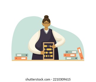 Vector illustration of an accountant with invoices and folders with  abacus. Profession. Flat style
