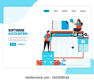 Vector illustration of accounting software. spreadsheets for easy calculation of accounting balance. Flat cartoon for landing page, template, ui ux, web, website, mobile app, banner, flyer, brochure