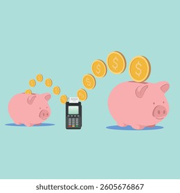Vector illustration accumulation of money, payment terminal, payment. Piggy bank, cash gold dollars