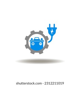 Vektorgrafik des Akkumulators mit Getriebe und elektrischer Stecker. Symbol für die Ladung Autobatterie. Symbol für Wartung, Reparatur, Ladespeicher.