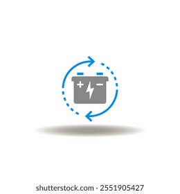 Vector illustration of accumulator and round arrows symbolizing process or progress. Symbol of battery production. Icon of accumulator charging.