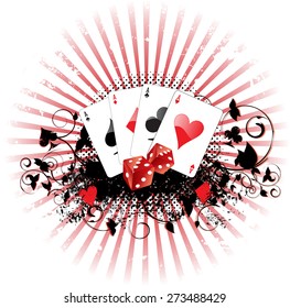 Vector illustration of aces and dices on grunge background. Cards, dices and background are on separate layers.