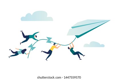 Vector illustration, achievement concept, a company of people holding on to a thread from a paper plane, move towards the goal
