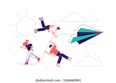 Vector illustration, achievement concept, a company of people holding on to a thread from a paper plane, move towards the goal. Flat style modern design vector illustration for web page, cards, poster