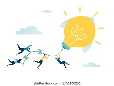 Vector illustration, achievement concept, company of people holding a thread from a paper airplane light bulb, moving towards goals and ideas